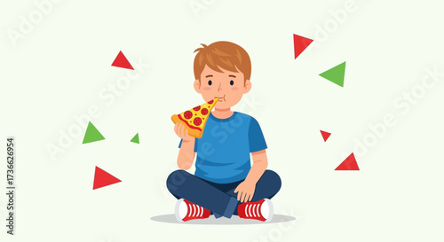 Child Ingesting a Slice of Pizza While Seated With Triangles in the Background