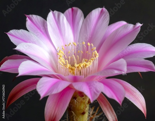 A close-up view of a vibrant pink and white cactus flower, showcasing intricate details of the petals and stamen against a dark backdrop.