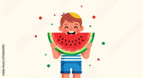 Child Joyfully Devouring a Juicy Watermelon Slice: Summer Delight and Healthy Eating