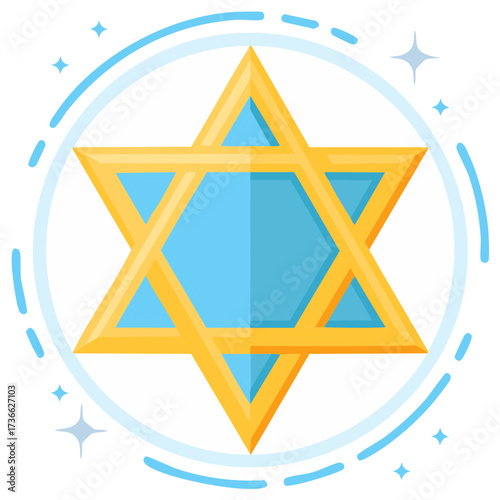 Golden Star of David Religious Symbol with Blue Fill and Sparkling Circular Elements