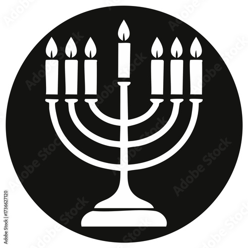 Stylized Menorah with seven lit candles in a black circle vector illustration