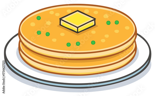 Stack of pancakes with a pat of butter and green decorations on a plate