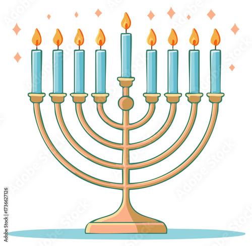 Illustration of a Menorah with Nine Candles Burning during Jewish Holiday