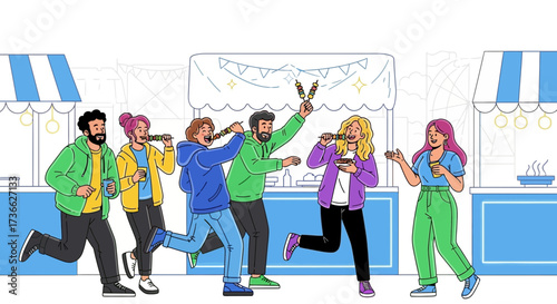 Celebratory Gathering Of People Eating Street Food And Enjoying The Lively Festivities.