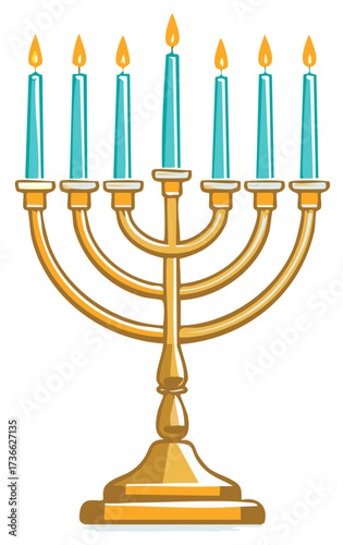 Candelabrum Illustration Showing Seven Lit Candles, Gold Holder, Religion Symbol
