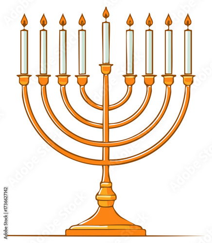 Golden Hanukkah menorah with nine lit candles illustration for Jewish Festival of Lights celebration