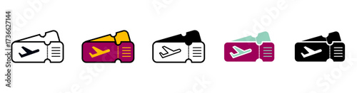 Set of boarding pass and airplane ticket icons shown in outline, filled, flat, and colorful variations. Perfect for travel, aviation, and transportation design projects.