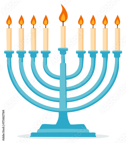 Vibrant blue Hanukkah candelabrum with nine glowing flames