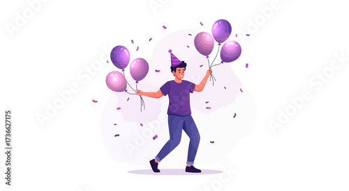Celebratory Male Holding Balloons in a Festive Scene with Confetti and Purple Accents