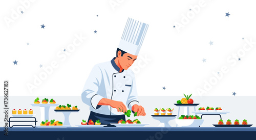 Chef Artfully Arranges Exquisite Food Creations for Culinary Celebration