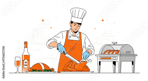 Chef Carving Roasted Turkey With Wine And Buffet Food In Modern Illustration