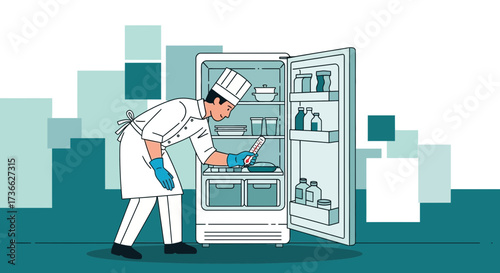 Chef Checking Food Temperature Inside Refrigerator Preparing Culinary Masterpiece Carefully and