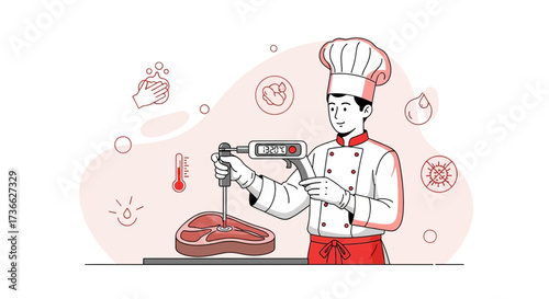 Chef Checking Meat Temperature with a Thermometer during Food Preparation Illustration