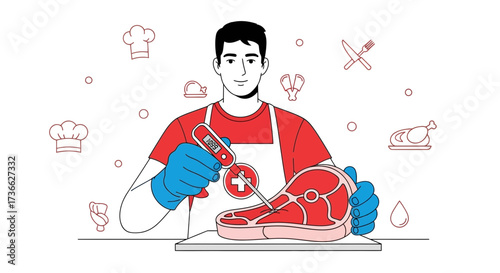 Chef Checking Meat Temperature with Thermometer for Food Safety and Quality Inspection