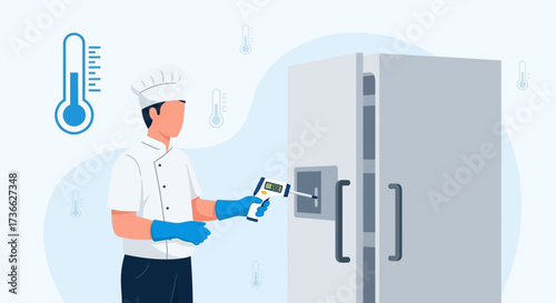 Chef Checking Temperature In Refrigerator Using Infrared Thermometer For Food Safety