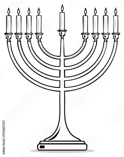 Stylized Chanukah Menorah with Nine Burning Candles Line Art
