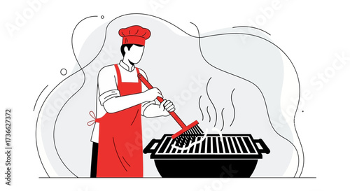 Chef Cleaning Grill Preparation For Cooking, Using A Red Brush, Abstract Illustration Graphics