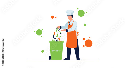 Chef Composting Food Waste In Kitchen, Promoting Sustainable Food Preparation Practices