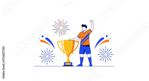 Champion Celebrates Victory Adjacent To Trophy And Decorative Elements In Vibrant Hues