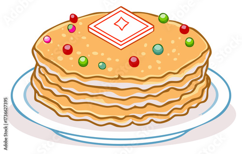 Stylized stack of sweet crepes or pancakes with colorful toppings on a plate
