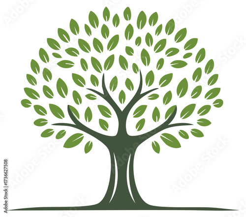 Stylized green tree with leafy branches and thick trunk on a simple ground line