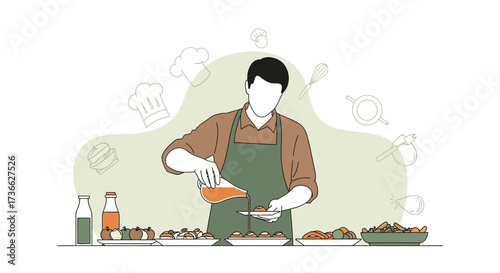 Chef Crafting Culinary Delights Pouring Sauce to Create Gourmet Appetizing Dishes
