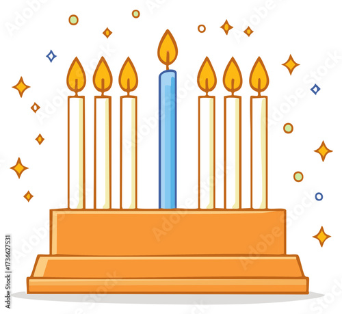 Hanukkah menorah with seven lit white candles and one blue candle on a stand surrounded by stars, perfect for traditional celebration