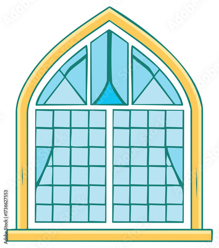 Gothic Arch Window with Divided Panes and Teal Blue Glass and Yellow Frame