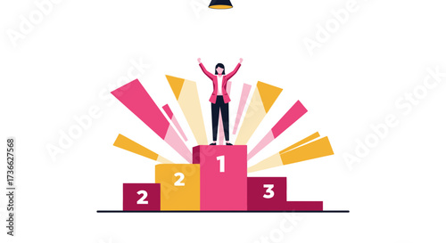 Champion Woman Celebrating Victory On Podium In A Minimalist And Positive Illustration
