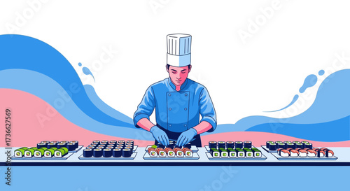 Chef Crafting Exquisite Sushi Rolls For A Gourmet Culinary Presentation, Illustrated