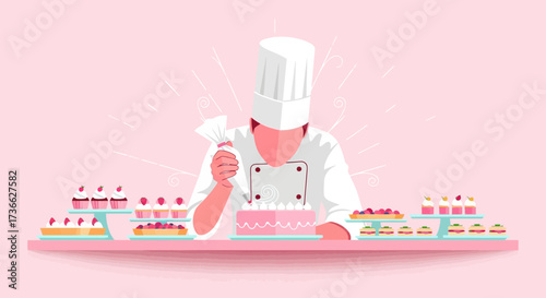 Chef Decorating A Cake With Sweet Treats And Desserts Arrangement On A Pink Background