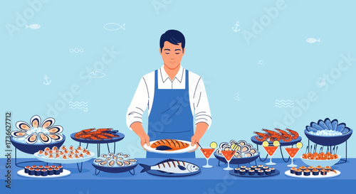 Chef Displaying Exquisite Seafood Dishes for a Luxurious Dining Experience
