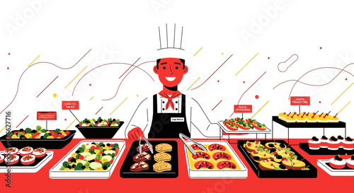 Chef Displaying Diverse Cuisine At A Buffet, Colorful Food Options Presented Beautifully