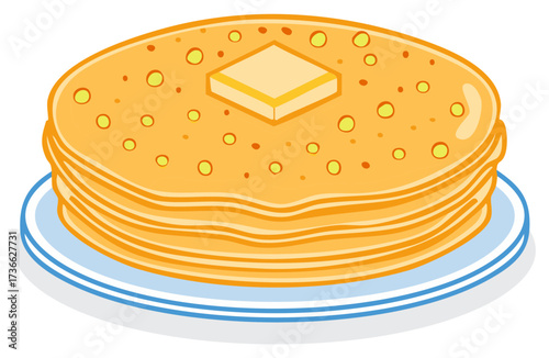 Stack of delicious golden pancakes with butter on a plate, breakfast food illustration