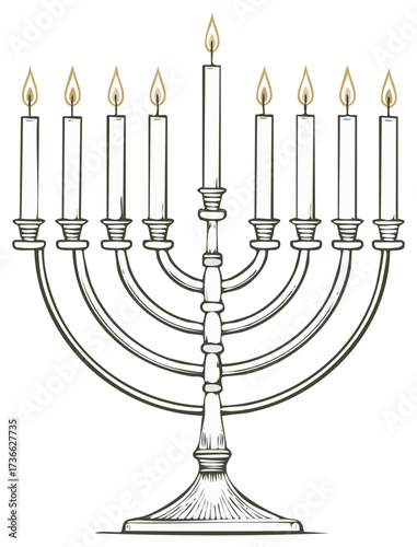 Hanukkah Menorah with Nine Lit Candles Vector Illustration Religious Symbol and Traditional Celebration