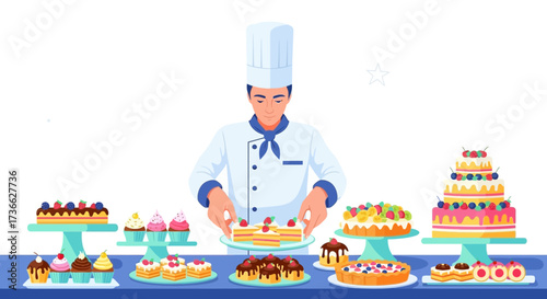 Chef Displays Variety Of Decorated Desserts Featuring Cakes, Cupcakes, And Dessert, Ready For Sale