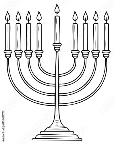 Hanukkah menorah line art illustration with candles lit