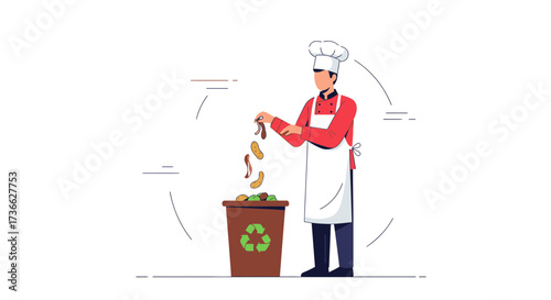 Chef Disposing Food Waste in Recycling Bin for Sustainable Culinary Practices