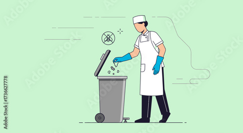 Chef disposing waste in garbage bin  vector illustration of cleaning in kitchen