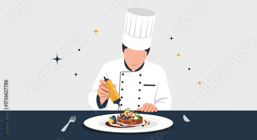 Chef Expertly Garnishing Exquisite Cuisine Plate with Flavorful Sauce Presentation