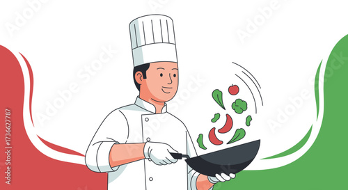Chef Expertly Flipping Vegetables In A Pan Preparing Delicious Culinary Creations