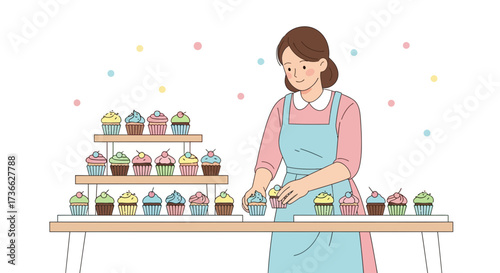 Cheerful Baker Presenting a Variety of Sweet Cupcakes in a Delightful and Attractive Arrangement