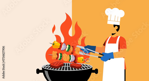 Chef grilling skewers and steaks, summer barbecue graphic for Adobe Stock platform