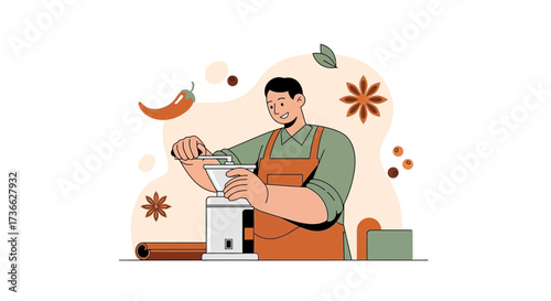 Chef Grinding Spices Illustration: Culinary Art In A Modern Colorful Style