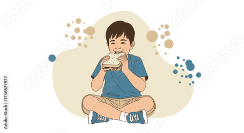 Cheerful Boy Eats Sandwich While Sitting Down With An Abstract Background And Happy Face