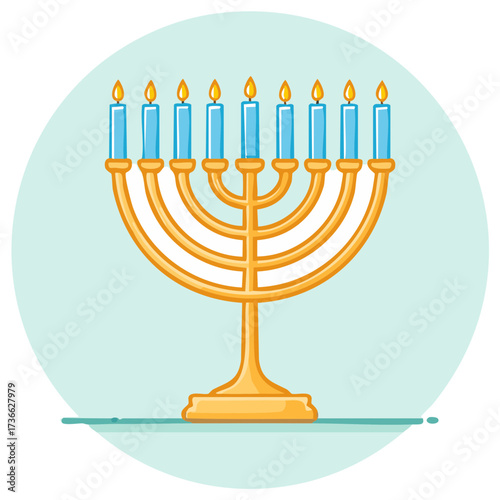 Golden Menorah with Lit Blue Candles for Hanukkah Celebration Illustration
