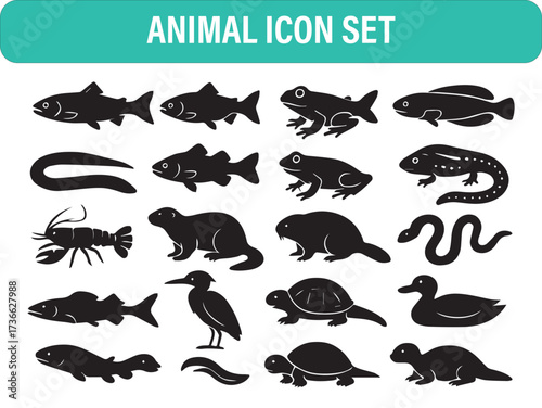 Editable Marine Life Silhouette Icon Set