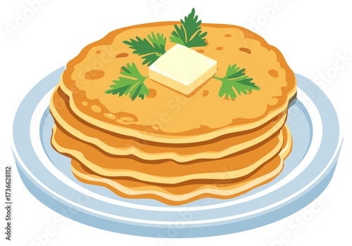 Stack of golden pancakes with butter and parsley on a blue plate
