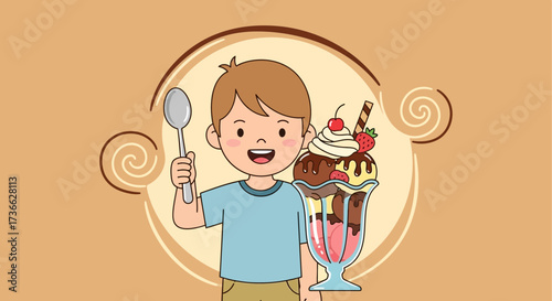 Cheerful Boy Holding a Spoon and Smiling Delightedly at an Ice Cream Sundae