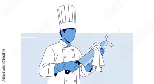 Chef Polishes Kitchen Knife: A Culinary Artist Preparing Utensils with Precision